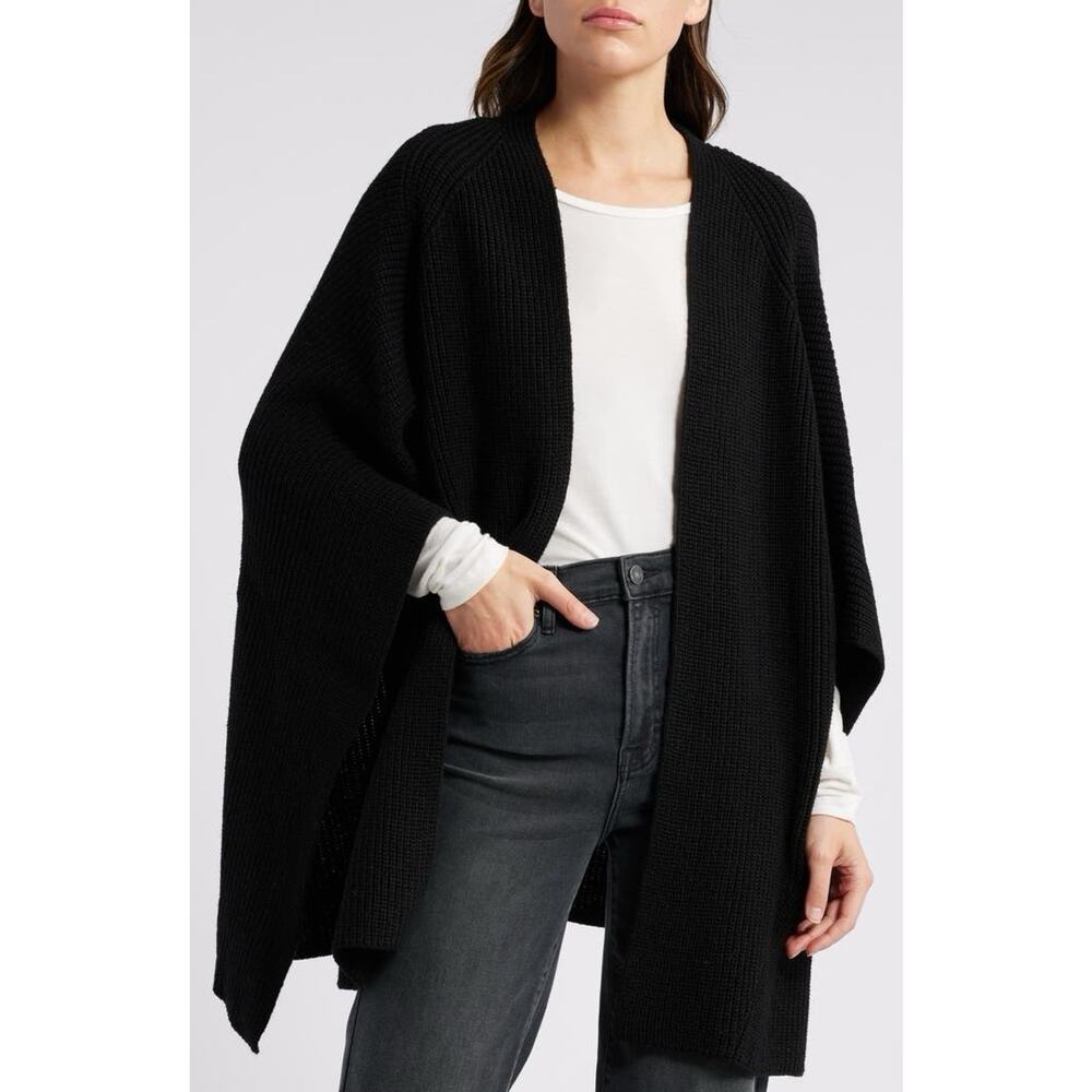 AllSaints Travelling Ruana Black Wool Minimalist Poncho One Size Fits All NWT